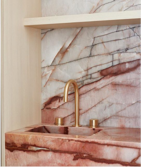 Pink Kitchen backsplash & integrated sink 